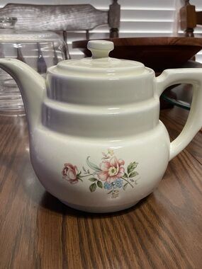 Vintage White Ceramic Teapot with Pink and Blue Floral Pattern
